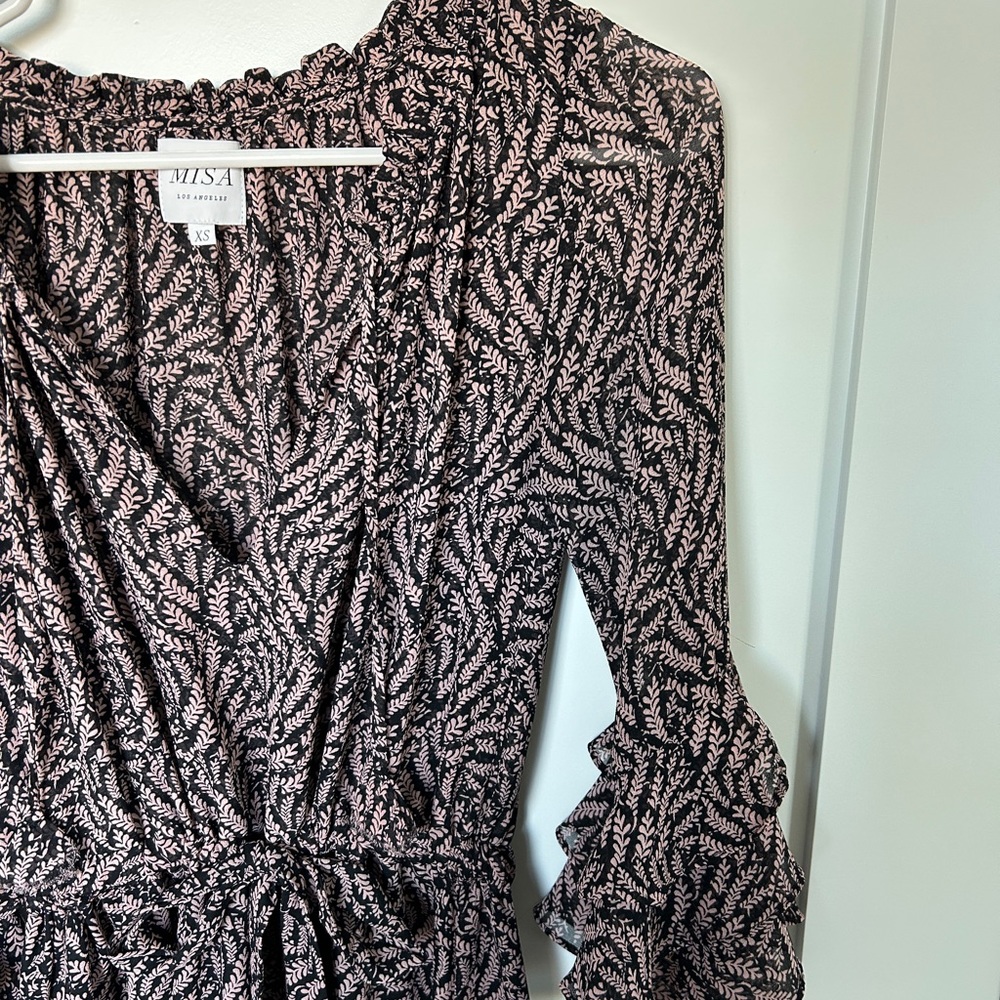 MISA Los Angeles Black and Pink floral dress with sleeves.